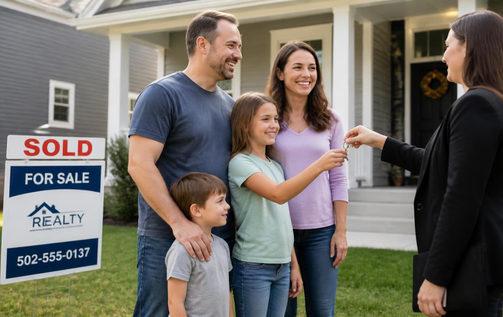 Family receiving keys to their new home in front of a sold real estate sign